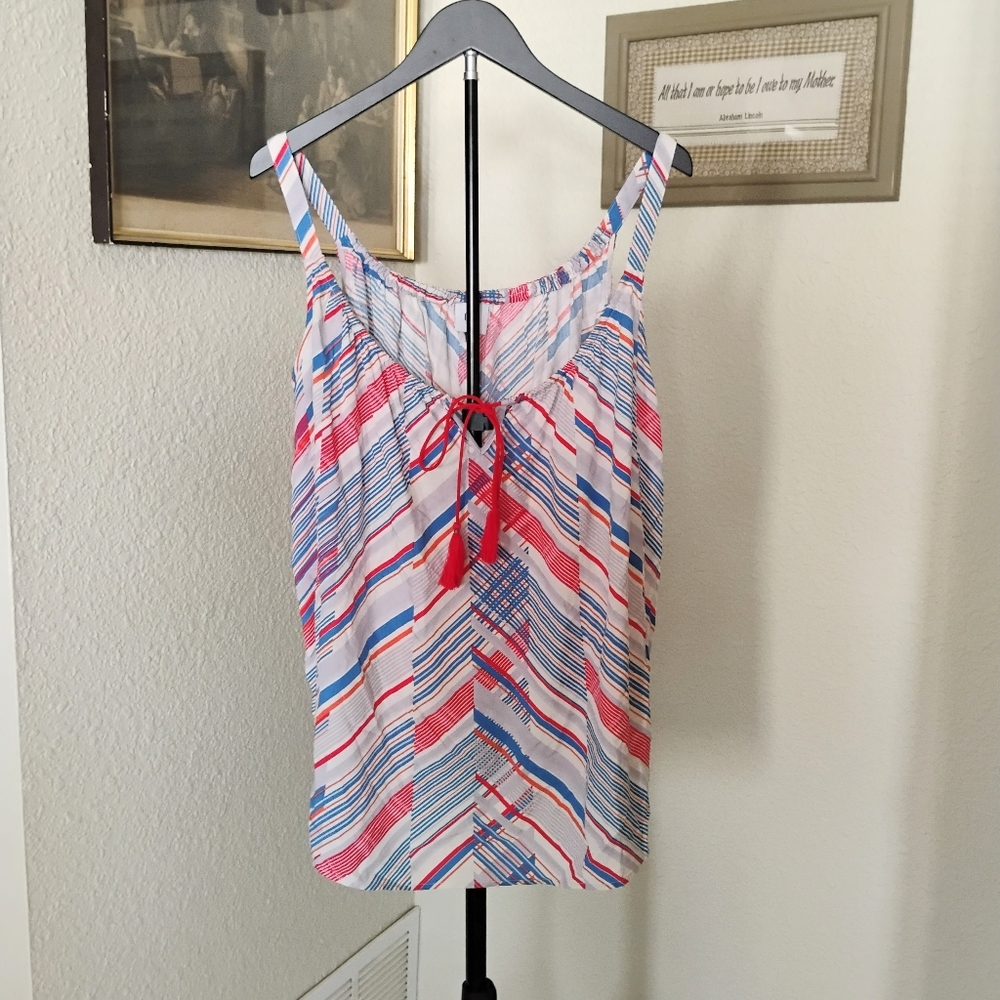 Cabi Women's Tassel Tank Top Size Large Red Blue Stripe Sleeveless Style# 5230